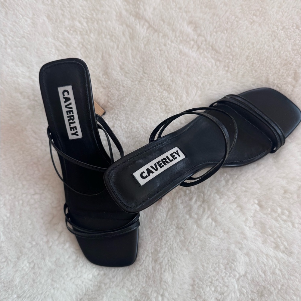 Caverley Black Strappy Heels with Artistic Wooden Heel - Picture 8 of 8